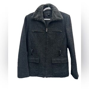 Vintage Express Coat Jacket Women Small Gray Wool Sherpa Trim Zip Up Y2K Lined